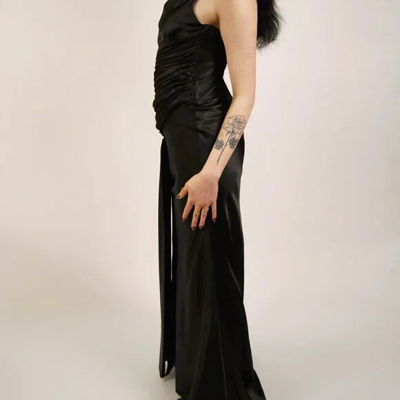 Y2K Prom Gown (S) vintage black ruched open back dress small maxi rhinestone 90s - Picture 3 of 8